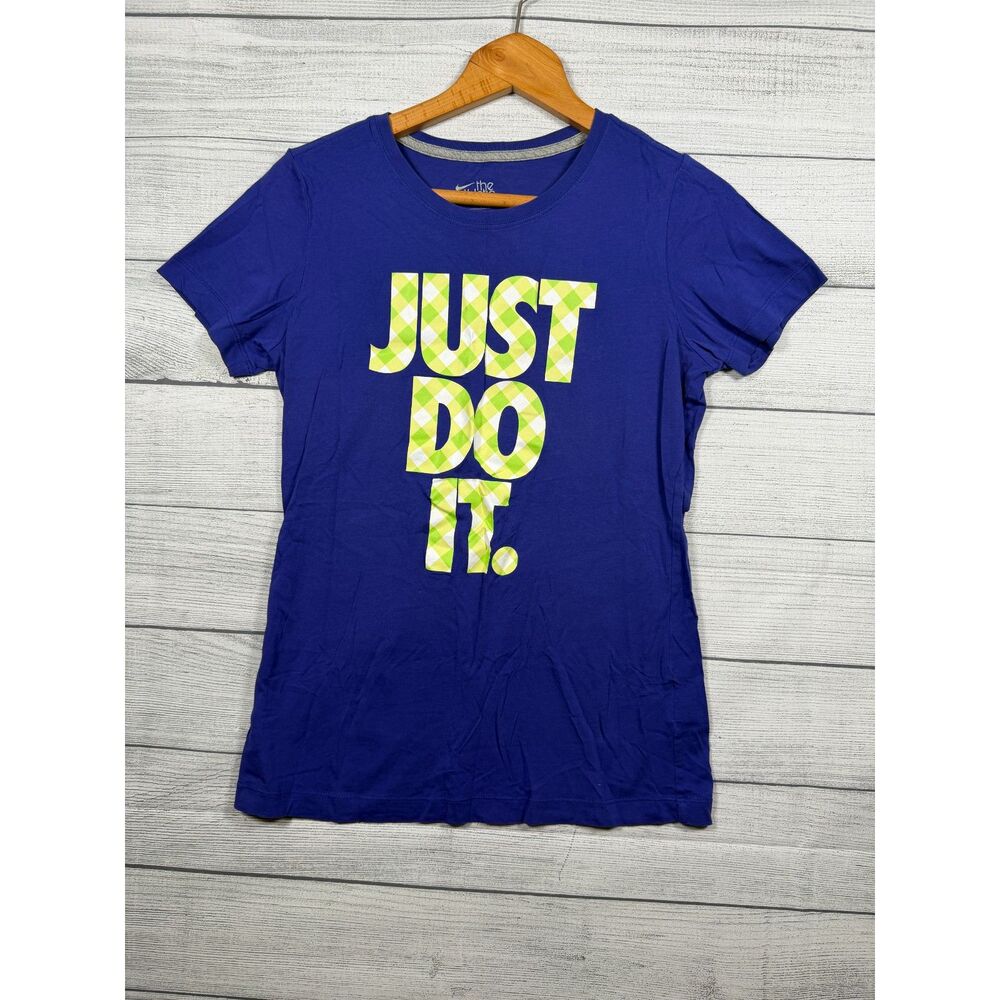 Nike The Athletic Dept Women's L Purple Blue Just Do It Argyle Graphic Tee 1220